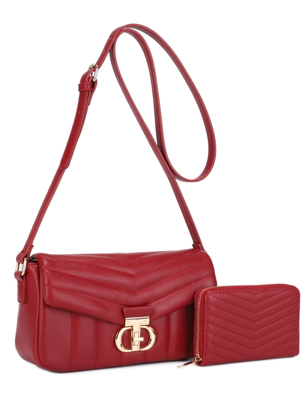 Red Quilted Vegan Leather Shoulder Bag with Matching Wallet